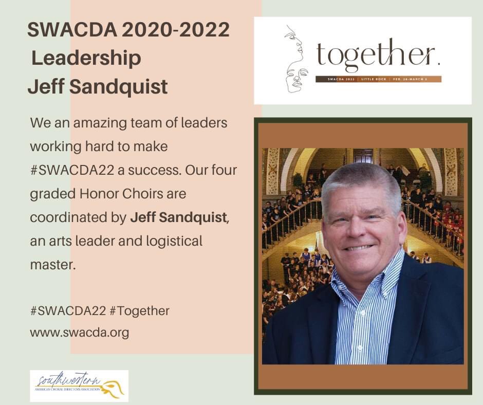 SWesternACDA's tweet image. We have an amazing team of leaders working hard to make #SWACDA22 a success. Our four graded Honor Choirs are coordinated by Jeff Sandquist, an arts leader and logistical master. 

#Together  #SWACDA22
buff.ly/2JAc2kn