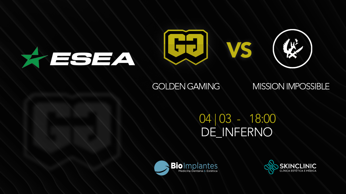 GoldenGesports's tweet photo. Voltamos hoje à carga para a @ESEA 💪
🆚#MissioniMpossible
🕑 18h00
🗺️ de_inferno
FORÇAAA 🔥
#GOGOGG #CSGO #ESEA https://t.co/ff3DQPqU5t