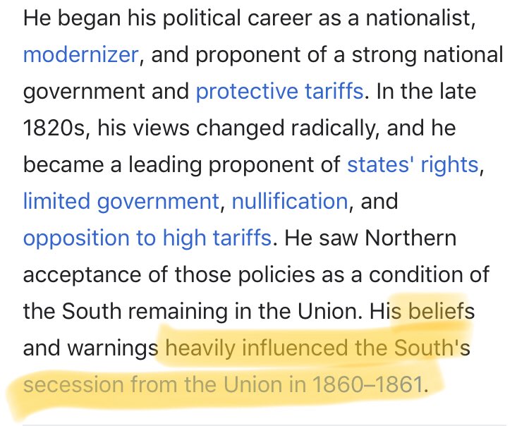 23/ In fact, he loved it so muchHe helped start the Civil War despite dying 10 years before itHis last words were “The South, the poor South!”What a bitchAll you need to know about Calhoun is summed up in the last 2 pics:All men are not equal&personal liberty=bad