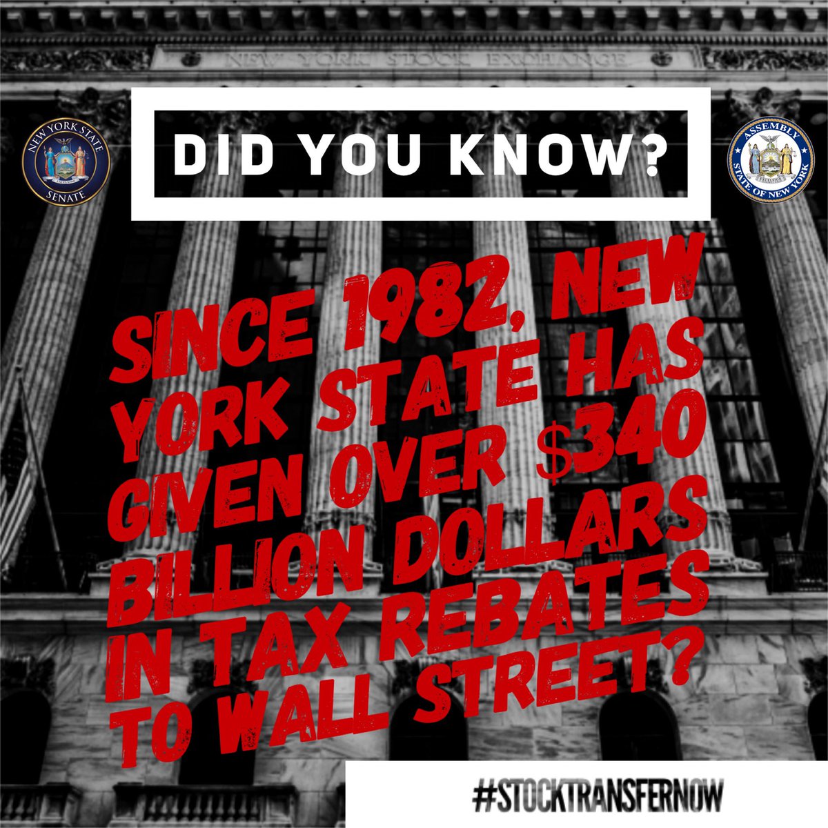 JSandersNYC's tweet photo. My colleague in the Assembly, @PhilSteck and I have sponsored legislation (S.1406–A/A.3353-A) that will end this rebate to Wall Street! Instead of securities exchanges being refunded, those billions of dollars will go to raising revenue for the state! #stocktransfertax https://t.co/rmpCXrw9V5