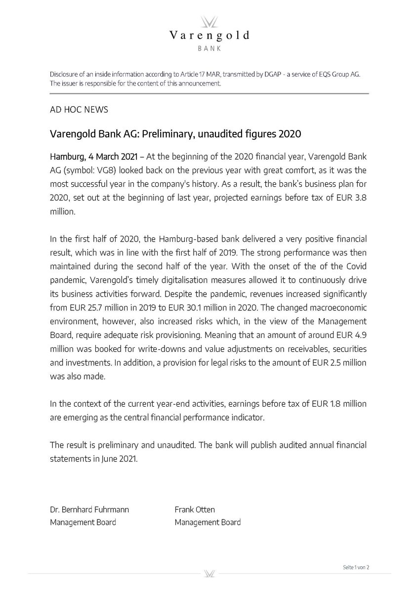 Watch out our today's Ad hoc news about the preliminary, unaudited figures 2020 of Varengold Bank. 
#fintech #fintechfinance #financing #funding #lending  #debt #marketplacebanking #bankingservices #financialservices #creditplatforms #transactionbanking #finanzen #digitalbanking