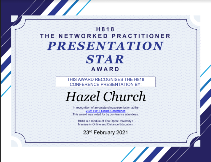HzlCarr's tweet photo. And… its done! Final #H818 assignment, my last module for #MAODE! Brilliant course, great study buddies and thank you for the votes – I am so thrilled with my Presentation Star Award. :) @simonjball, @rjsharpe, #openuniversity https://t.co/jJB76sVH6Z