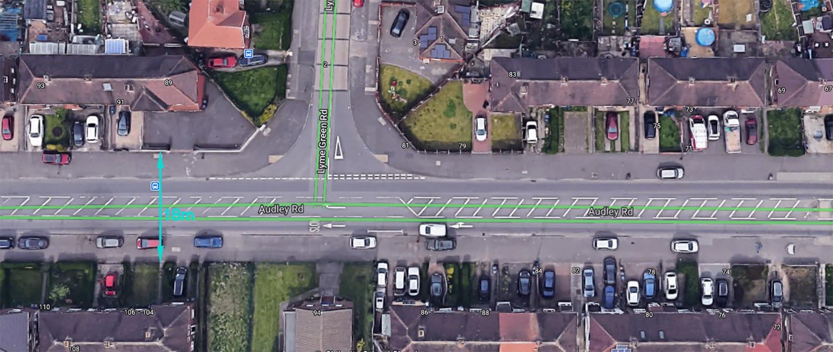 InfraCGI's tweet photo. For one more sketch I've chosen a main road at random. This is Audley Rd in Stechford near Birmingham. Lots of driveways, lots of parked cars blocking pavements, lots of wasted space to hatching.

It'd be far better with Brummy blue cycle tracks &amp; continuous pavements. https://t.co/xEd3Quib11