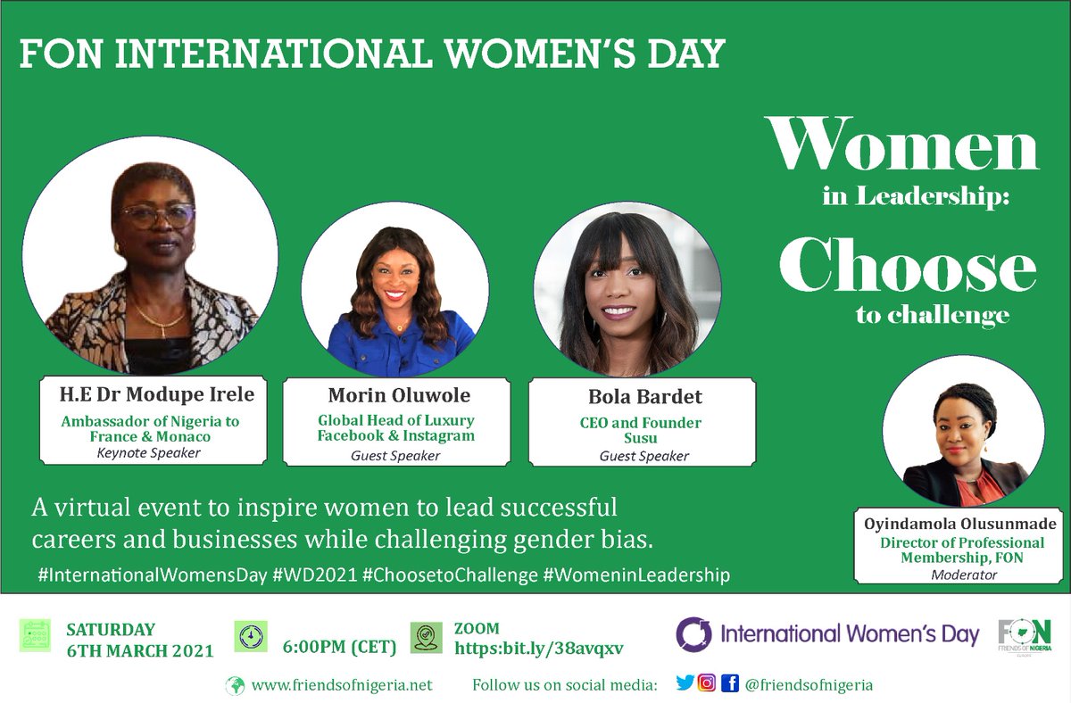 Friends of Nigeria Europe (@fon_europe) on Twitter photo Join FON for #internationalwomensday2021 celebration in a virtual event.
Let's inspire women to lead successful careers and businesses in the face of challenging gender bias.
Register here ⬇️
bit.ly/38avqxv
#ChooseToChallenge #womenempoerment
@bardetbola <a href="/MorinOluwole/">Morin Oluwole</a> Join FON for #internationalwomensday2021 celebration in a virtual event.
Let's inspire women to lead successful careers and businesses in the face of challenging gender bias.
Register here ⬇️
bit.ly/38avqxv
#ChooseToChallenge #womenempoerment
@bardetbola <a href="/MorinOluwole/">Morin Oluwole</a>