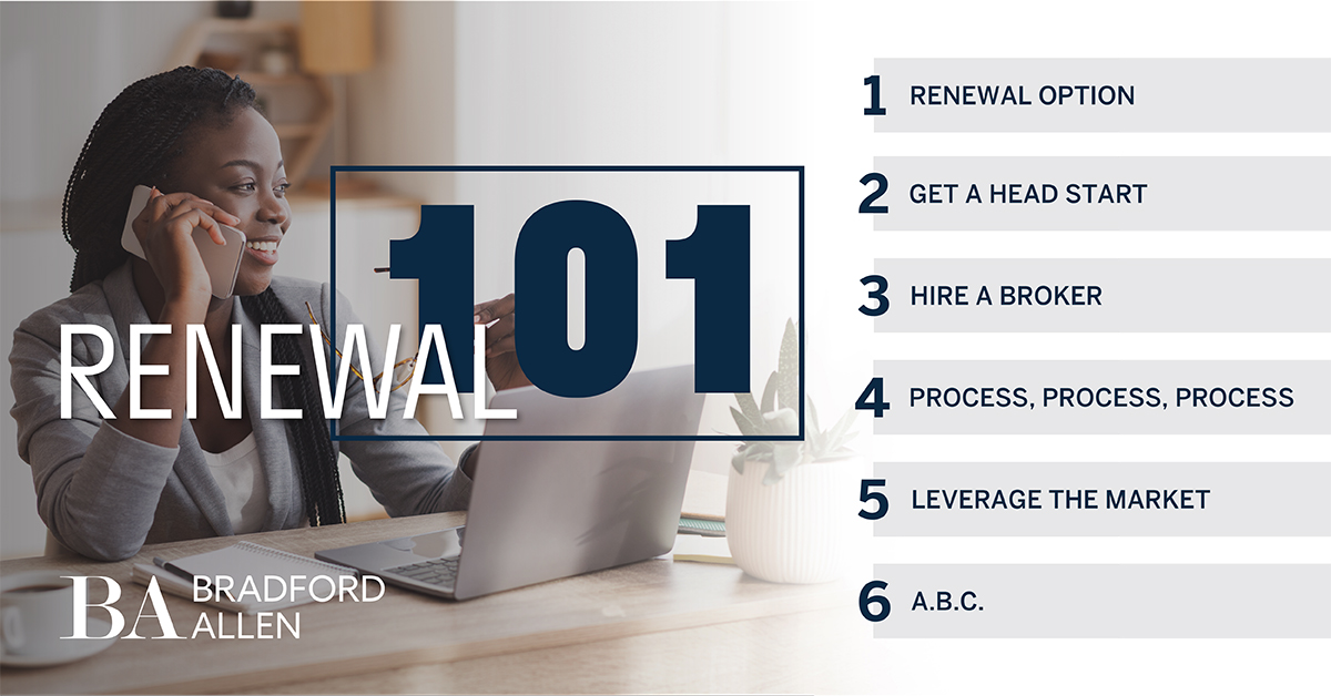 In business, real estate costs (even during pandemic times) are one of the biggest expenses for any company. If you are approaching a renewal, the Azulay team has highlighted some considerations that you’ll want to address.

Read more: bradfordallen.com/pdf/Renewal-10…
 
#CRE #TenantRep