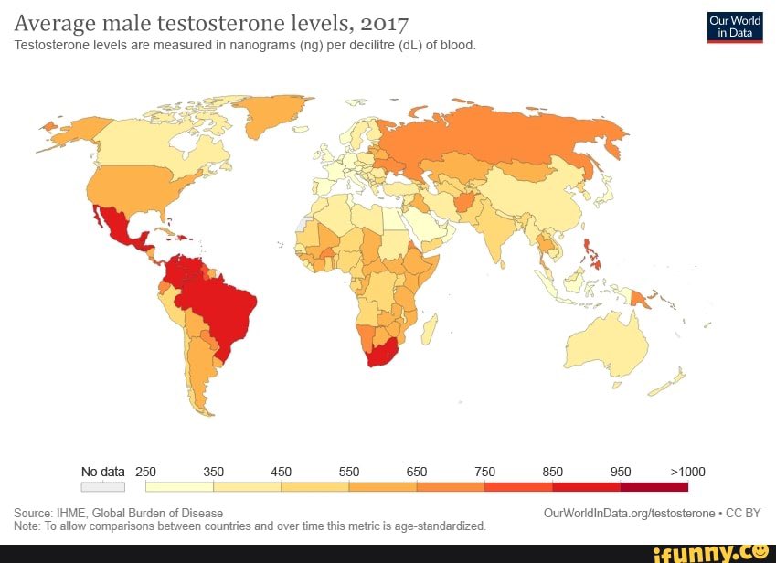Agora ウクライナの未来人 17年の世界の男性のテストステロン平均値を地図に表したもの これによると日本は世界でも有数の草食系男子の国と呼べる カナダやオセアニア 西欧などの高福祉先進国家も同様 アメリカは先進国一の男性ホルモン