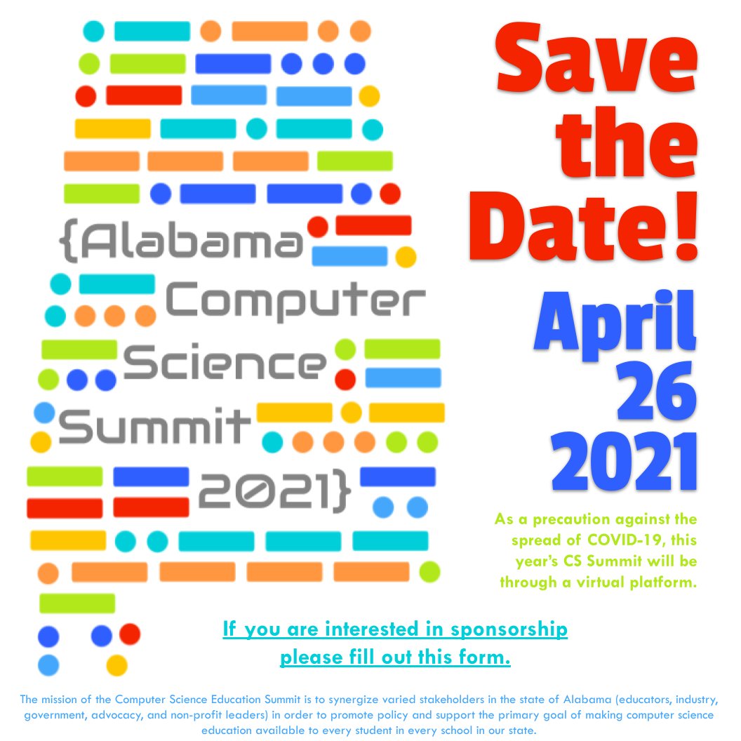 CS4Alabama's tweet photo. Save the Date for the Alabama CS Summit! #cs4alabama https://t.co/cPHjvyVqmS https://t.co/gGOPtWtfwV