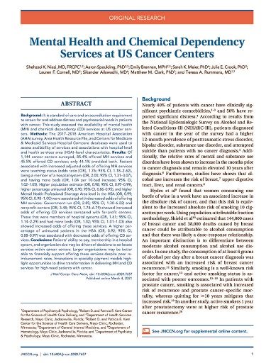Journal of the @NCCN (@jnccn) on Twitter photo ONLINE FIRST: Study of Mental Health and Chemical Dependency Services at US #Cancer Centers by researchers at <a href="/MayoClinic/">Mayo Clinic</a>: buff.ly/3uNS0po <a href="/aspauldi/">Aaron Spaulding</a> #hsronc #healthcaredelivery #psyonc #supponc #mentalhealth ONLINE FIRST: Study of Mental Health and Chemical Dependency Services at US #Cancer Centers by researchers at <a href="/MayoClinic/">Mayo Clinic</a>: buff.ly/3uNS0po <a href="/aspauldi/">Aaron Spaulding</a> #hsronc #healthcaredelivery #psyonc #supponc #mentalhealth
