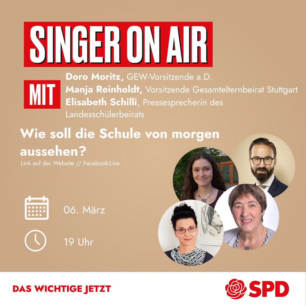 Wie soll die #Schule von morgen aussehen?

Darüber spreche ich am Samstag um 19 Uhr mit:

◾ Doro Moritz, Vorsitzende der <a href="/GEW_BW_Presse/">Matthias Schneider</a> a.D.

◾ Manja Reinholdt, Vorsitzende des Gesamtelternbeirats Stuttgart

◾ Elisabeth Schilli, Pressesprecherin des <a href="/LSBR_BW/">Der Landesschülerbeirat</a>

1/