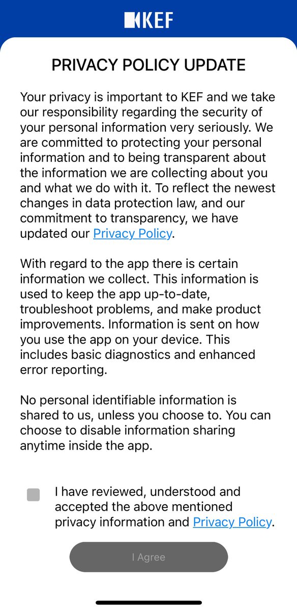 pegas's tweet image. Just got new @KEFAudio speakers and can't even get past the "privacy policy" screen in the app (nothing is clickable). That's somewhat disappointing for a "Wireless Music System".
Great audio quality, but completely unconfigurable at this point 😞