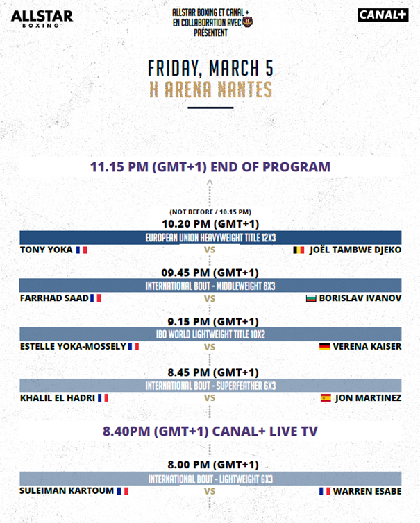 HArenaNantes's tweet photo. 🥊 Jour de combats à la H Arena.

Retrouvez la Fight Card de la soirée exceptionnelle qui vous attend sur Canal Plus.

#LaConquete | #LaBoxeAvecCanal https://t.co/sSZEtdQdSP