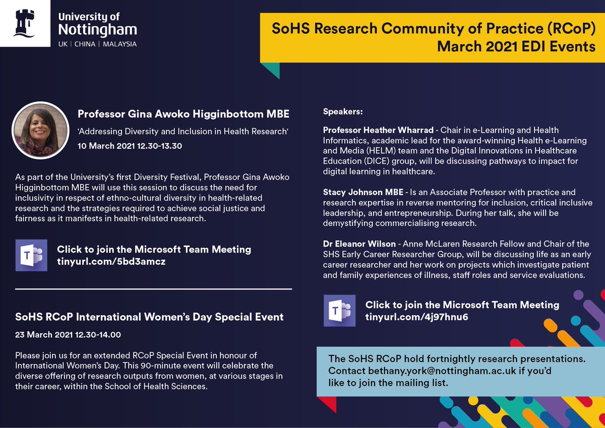 As part of <a href="/UniofNottingham/">Uni of Nottingham #WeAreUoN</a> #WeAreUoN first Diversity Festival and <a href="/UoN_SHS/">UoN Health Sciences</a> #IWD2021 #ChooseToChallenge Special Event, our own Professor <a href="/HeatherWharrad/">Heather Wharrad</a>, will be discussing pathways to impact for digital learning in healthcare. Join us on 23 March 2021 tinyurl.com/4j97hnu6