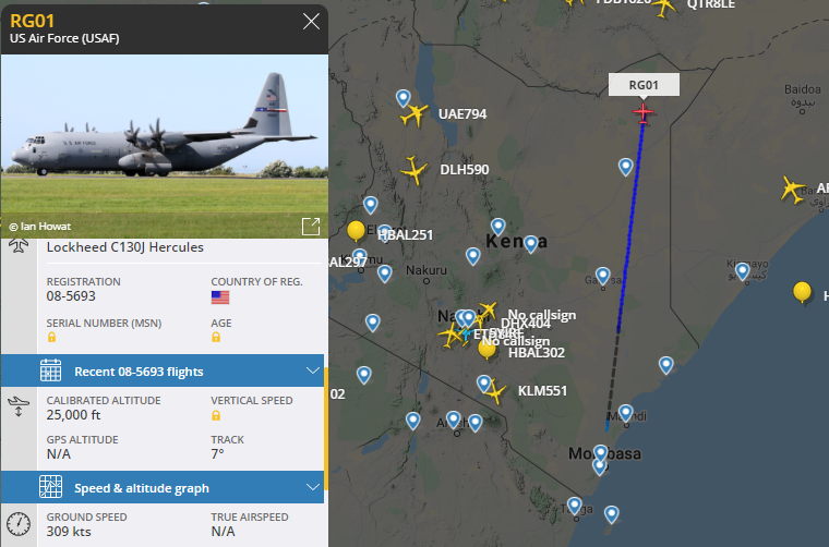 vcdgf555's tweet photo. Pair of USAF 🇺🇸 flights out of Kenya 🇰🇪 currently.

"No callsign" is C-146A Wolfhound SOCOM team transport 10-3026 #AE68B4, leaving Nairobi.

 RG01 is C-130J-30 08-5693 #AE4AFE, leaving Mombasa. https://t.co/XDrCcBnQRZ