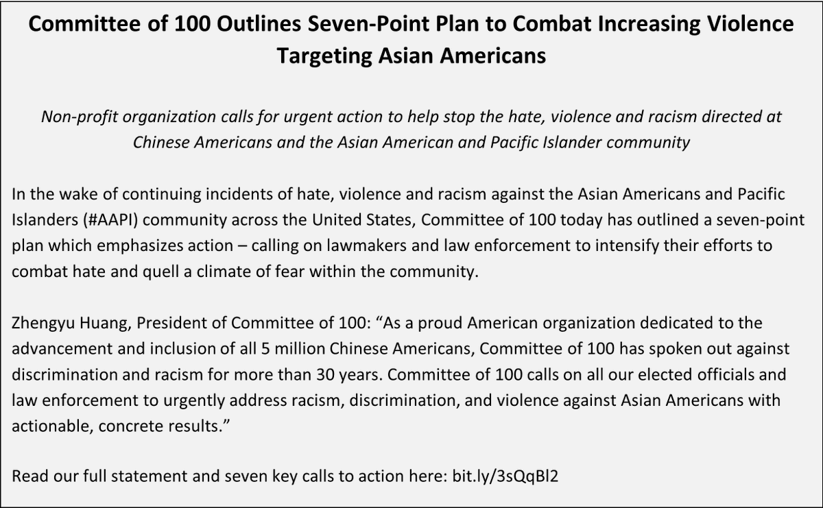 Committee100's tweet photo. NEWS: Committee of 100 Outlines Seven-Point Plan to Combat Increasing Violence Targeting Asian Americans. Read our full statement and seven key calls to action here: https://t.co/0bJxXbf6pV

#AAPIStrong #ChineseAmericans #StopAAPIHate https://t.co/zCYXoBuDLF