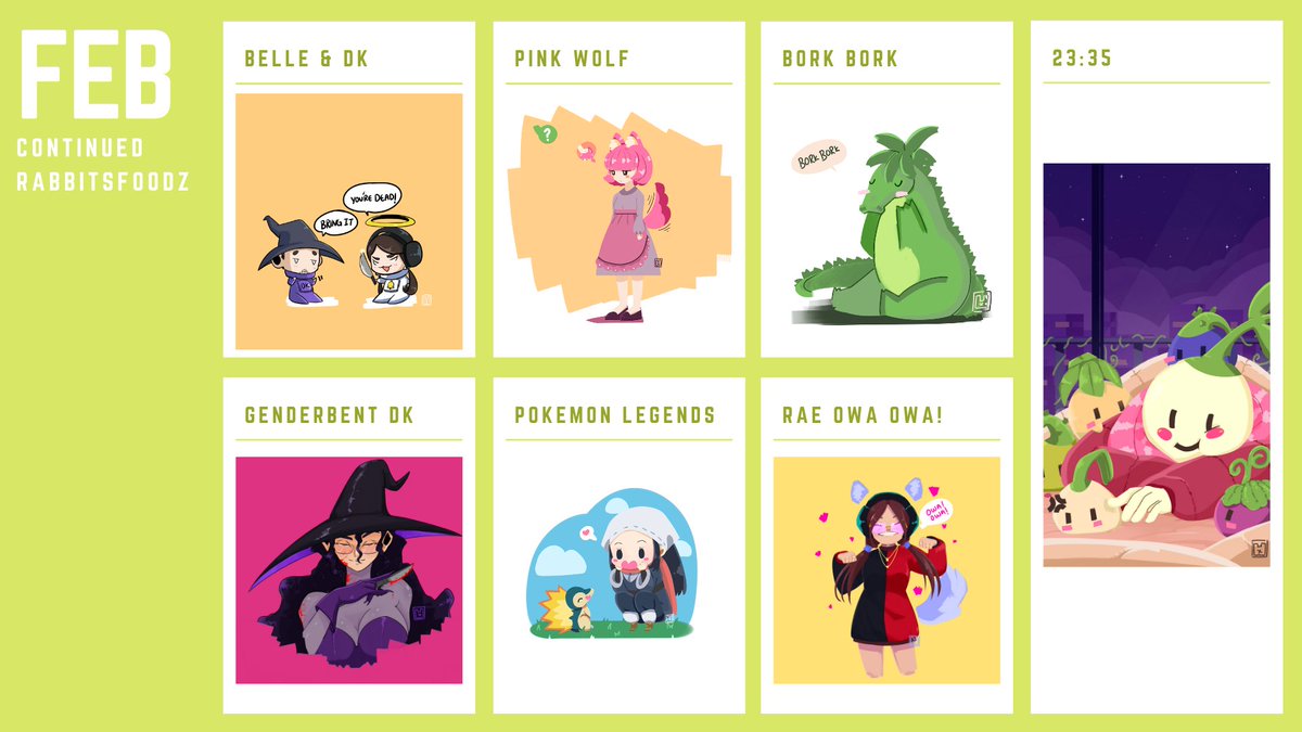 RabbitsFoodz's tweet photo. February has also been an amazing month! Here's what I have to show for it.

#commissionsopen 

#fundyfanart #5upfanart #wolfabellefanart #Valkyraefanart #SykkunoFanart #Lilypichufanart #pokemonfanart #DKfanart https://t.co/2Eiw1SMosf