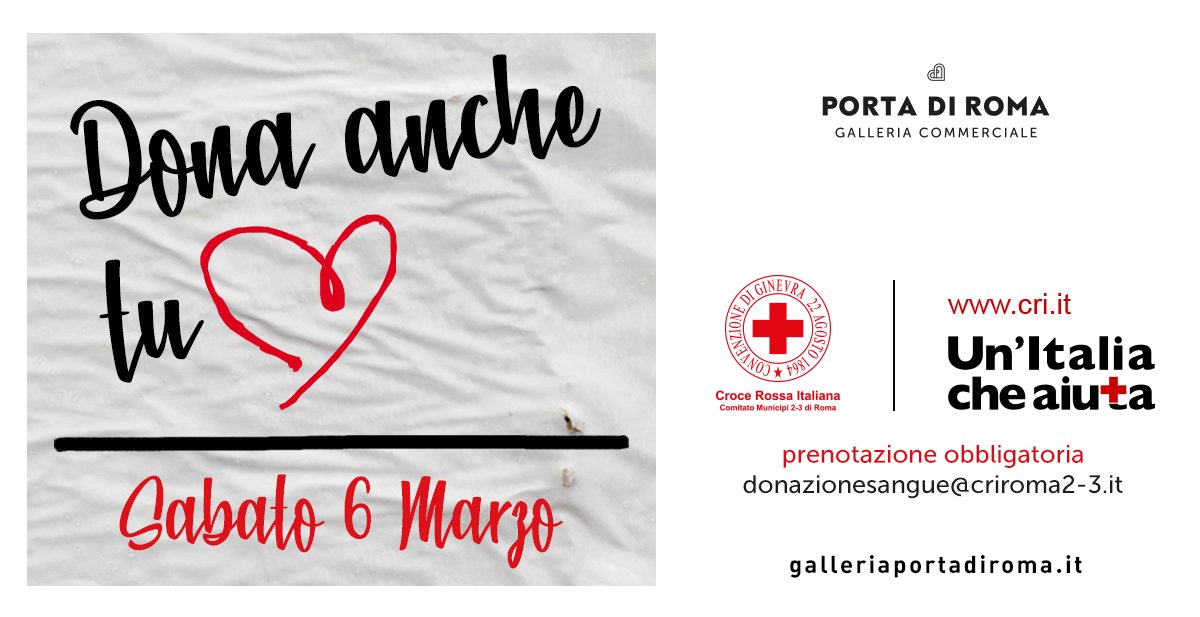 🩸DONA ANCHE TU ❤️
🗓Sabato 6 marzo, presso la #GalleriaCommercialePortadiRoma, vi aspettiamo per il primo appuntamento dell’anno con la #donazionesangue.
#CroceRossaItaliana #UnItaliaCheAiuta #criroma2_3