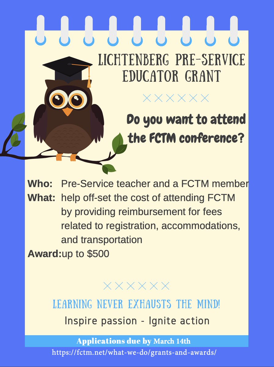 FCTMath's tweet photo. Check out our grants and awards page! Due 3/14 https://t.co/A23CNcbNm6 #FCTM2021 #FCTM https://t.co/Fn9i46Rl95