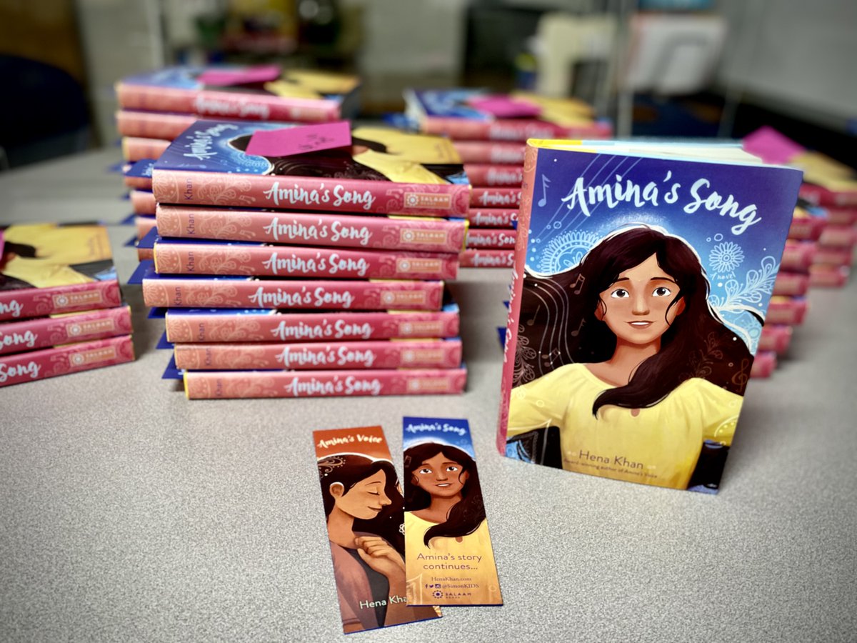 LundLibrarian's tweet photo. Our book club copies of AMINA'S SONG arrived, and they are absolutely beautiful. Can't wait to share these with my very excited students... and next week we'll be joined (virtually) by none other than @henakhanbooks herself! I'm so excited!! #GowerReads #BookClub @AndersonsBkshp https://t.co/GZ722CPbAs