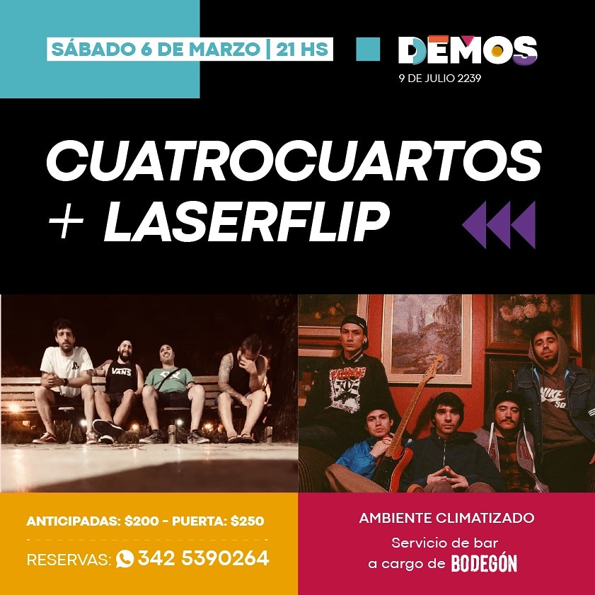 DemosCCE's tweet photo. LOS SABADOS? EN DEMOS!
Desde que volvimos no paramos un segundo! Este sábado presentamos a #CuatroCuartos y a #LaserFlip que vuelve a tocar luego de más de un año! 🤩
Ya sabes, reservá tu lugar y...
#NosVemosEnDemos https://t.co/02neN57VCM