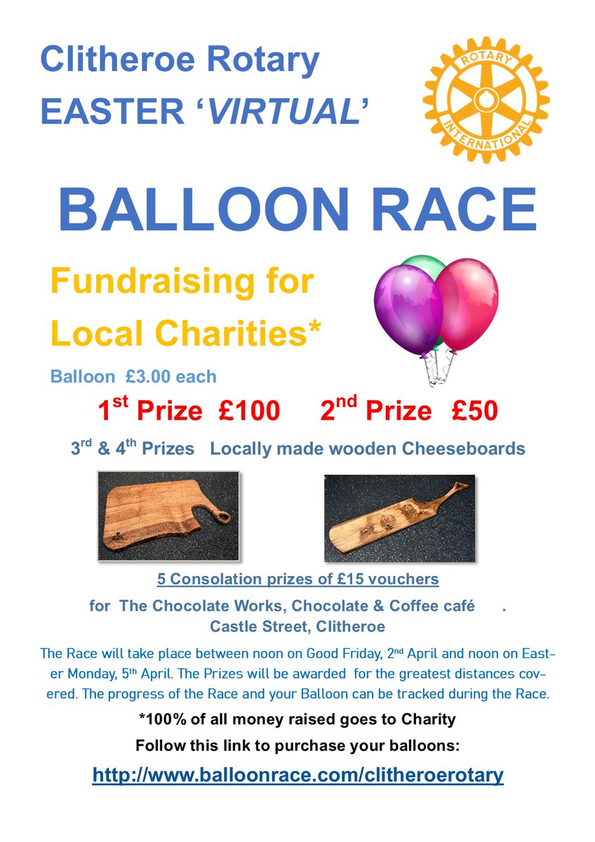 ClitheroeRotary's tweet image. Our Easter Fundraiser Virtual Balloon Race is now live! Buy your balloon here - balloonrace.com/clitheroerotary