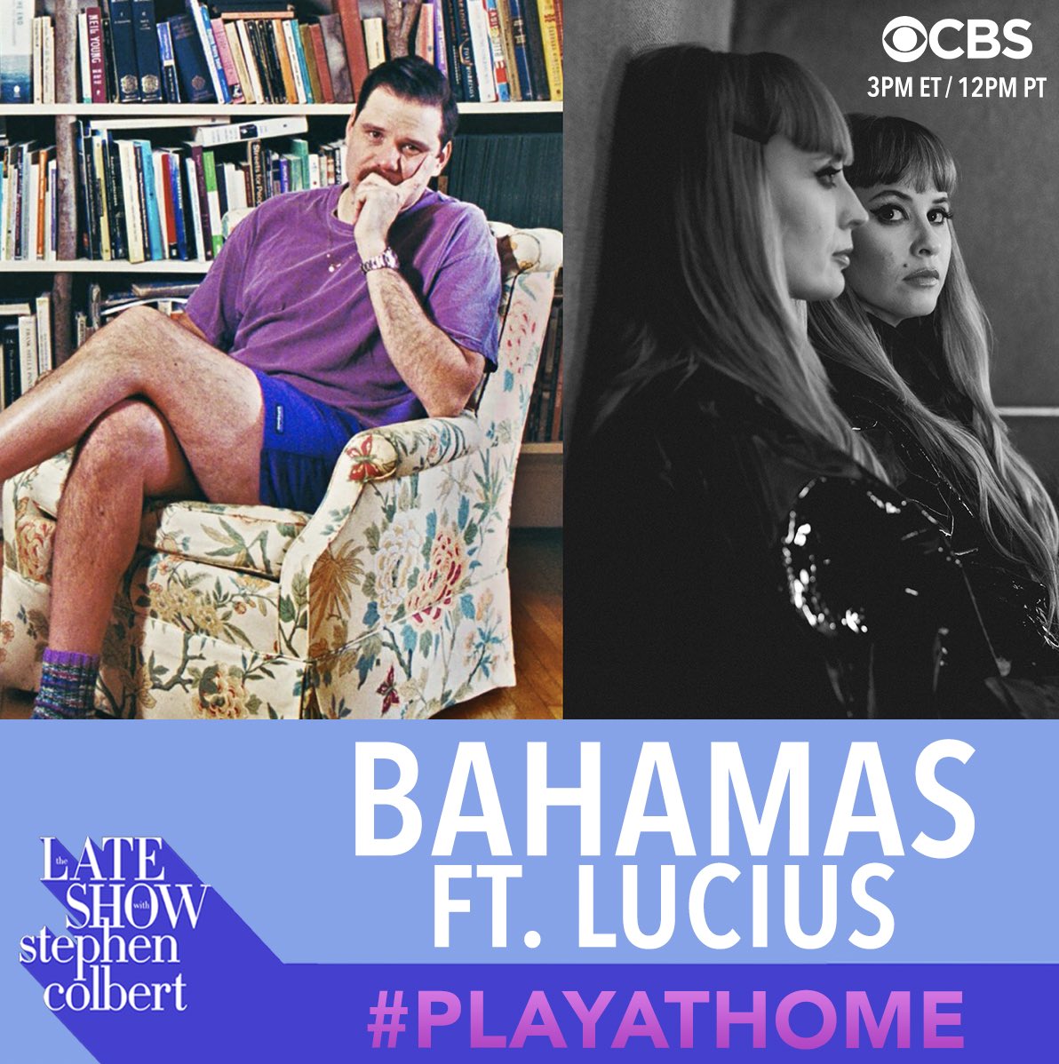 Bahamas (@bahamasmusic) on Twitter photo Will be Joined by <a href="/ilovelucius/">Lucius</a> Joey Waronker, Gus Seyffert and <a href="/samwebermusic/">Sam Weber</a> for <a href="/colbertlateshow/">The Late Show</a> and <a href="/StephenAtHome/">Stephen Colbert</a> tomorrow at 3pm ET (Live to Tape 4 preview!!) #LSSC #PlayAtHome Will be Joined by <a href="/ilovelucius/">Lucius</a> Joey Waronker, Gus Seyffert and <a href="/samwebermusic/">Sam Weber</a> for <a href="/colbertlateshow/">The Late Show</a> and <a href="/StephenAtHome/">Stephen Colbert</a> tomorrow at 3pm ET (Live to Tape 4 preview!!) #LSSC #PlayAtHome