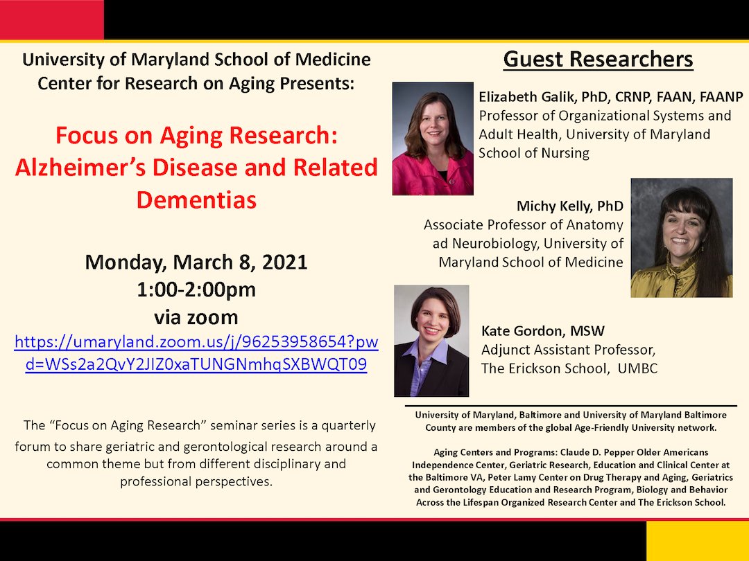 The Erickson School of Aging Studies’ adjunct faculty member Kate Gordon will be presenting on 3/8/21, at 1 p.m. EST at the #ummedschool. To learn more about this event and to register, go to bit.ly/3uVfWax. Go to  #umbcaging #umbc #dementia #aging .
