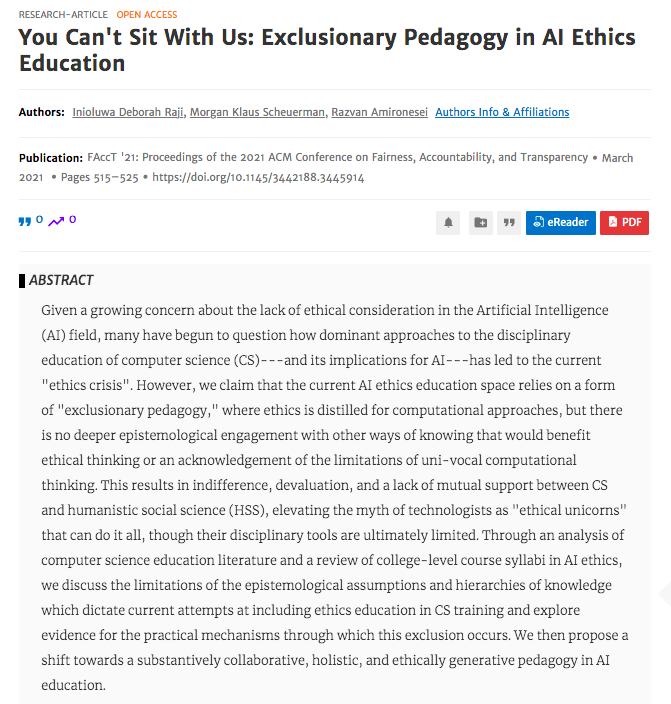 rajiinio's tweet photo. 🗣️Finally, it's out! It's here! 

In this paper, me, @morganklauss &amp; @amironesei present work on a topic people remain hesitant to discuss - the **power dynamic between disciplines** &amp; how that shapes poor AI ethics education and practice.

Check it out: https://t.co/f2ByPGx5q1 https://t.co/WCD9fecmUO