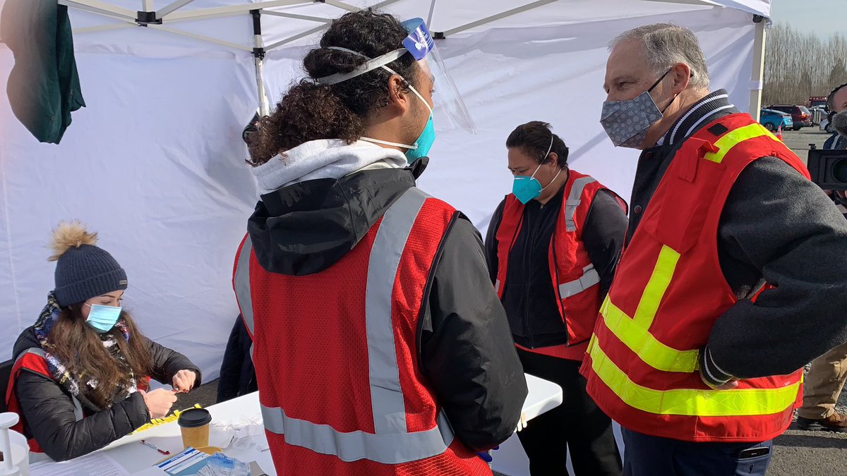GovBobFerguson's tweet photo. A great morning visiting the mass vaccination site at the Puyallup Fairgrounds. A big thank you to healthcare providers and volunteers who are giving up to 2,500 shots a day here. https://t.co/176myXcCzw