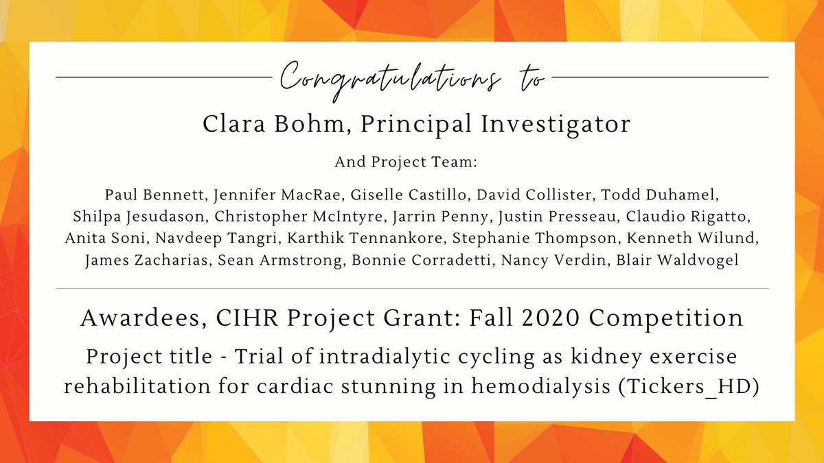 🥳 Congratulations to <a href="/BohmClara/">Clara Bohm</a> and the #TICKERS_HD team on being the recipients of a <a href="/CIHR_IRSC/">CIHR</a> Project Grant!

This global trial with sites in Canada, the United States, &amp; Australia will be investigating the effect of intradialytic cycling on cardiac stunning in hemodialysis.