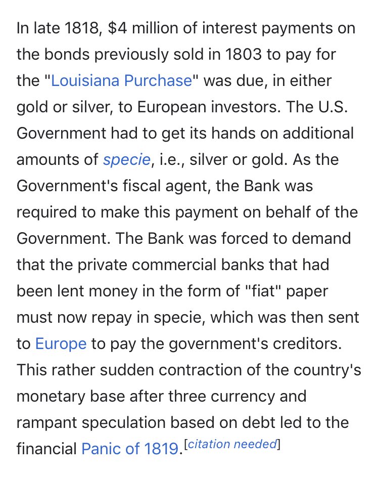 35/ Now pay close attention here: remember the Panic of 1819, which made Henry Clay lose his fortune?Here’s a concise layout of how it happenedGold & silver - none of that “fiat paper money” bullshit - was snatched up from small banks to pay Europeansby the National Bank