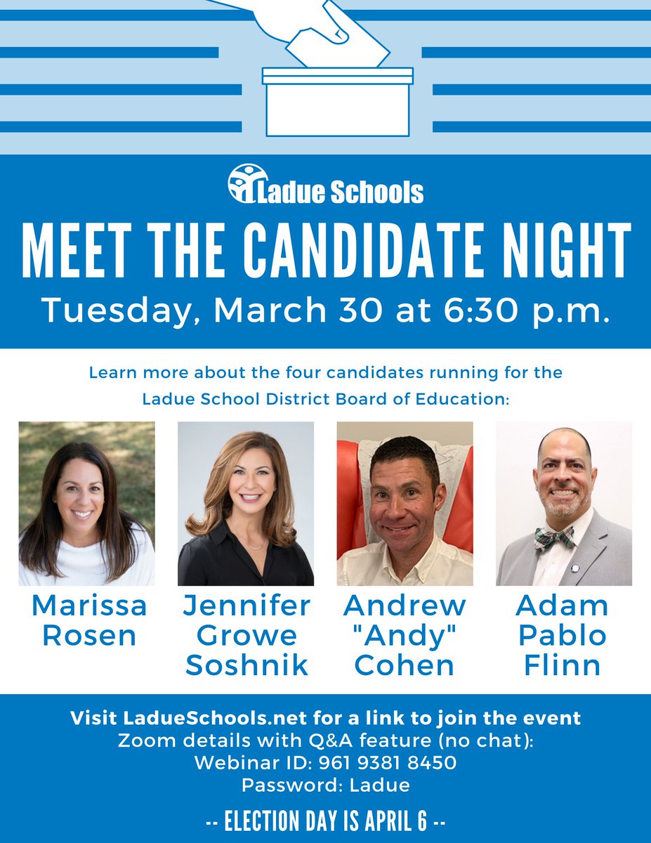 Meet the Candidate Night is Tuesday, March 30 at 6:30 - this is your chance to hear from the four candidates vying for two seats on the Ladue Schools Board of Education. This event will be held virtually.

Click here to submit a question and learn more: ladueschools.net/meet-the-board…