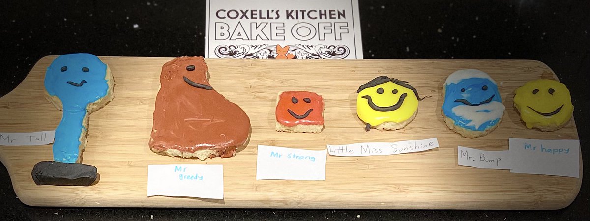 ttdarksugar's tweet photo. @FoxHill_Primary Marliah and Macy chose a joint effort today and made some characters from The Mr Men series for World Book Day! We are extremely sad that this is the final week of Coxell’s Kitchen Bake off. #coxellskitchen https://t.co/7B6mn5RC6E