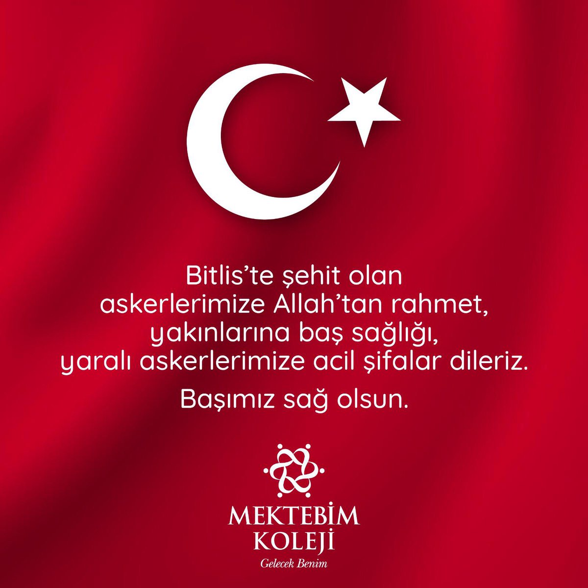 Bitlis’te şehit olan askerlerimize Allah’tan rahmet, yakınlarına baş sağlığı, yaralı askerlerimize acil şifalar dileriz.

Başımız sağ olsun.

#Bitlis