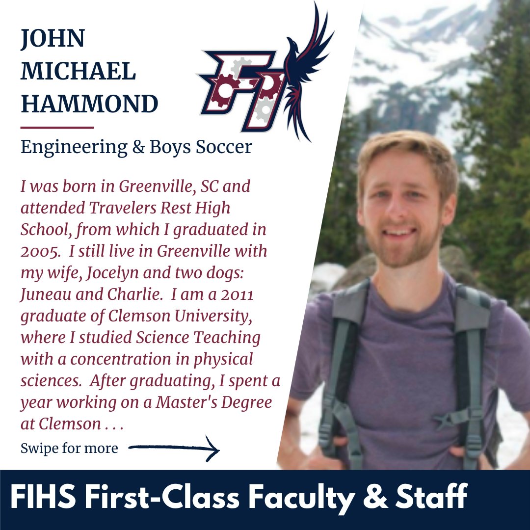 DrMaureenTiller's tweet photo. #FIHS #FirstClass faculty introduction is a former colleague of mine. I am honored for the opportunity to work with John Michael Hammond again! He will be building our @PLTWorg #Engineering #pathway ⚙️as well as boys soccer program as Head Coach. ⚽️ Welcome @JM_Hammond! 🔥#IAE https://t.co/UtSYwb3zxZ