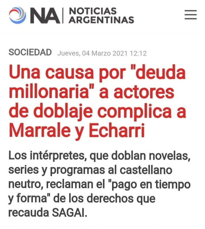 Nota en Noticias Argentinas, recién salida del horno. Me alegra mucho que los medios nos escuchen. Que se haga justicia.
Sigamos difundiendo porque #ElDoblajeTieneDerechos <a href="/Sagai_Org/">SAGAI</a> <a href="/echarripablo1/">Pablo Echarri</a> <a href="/actoresprensa/">Asociación Argentina de Actores</a>