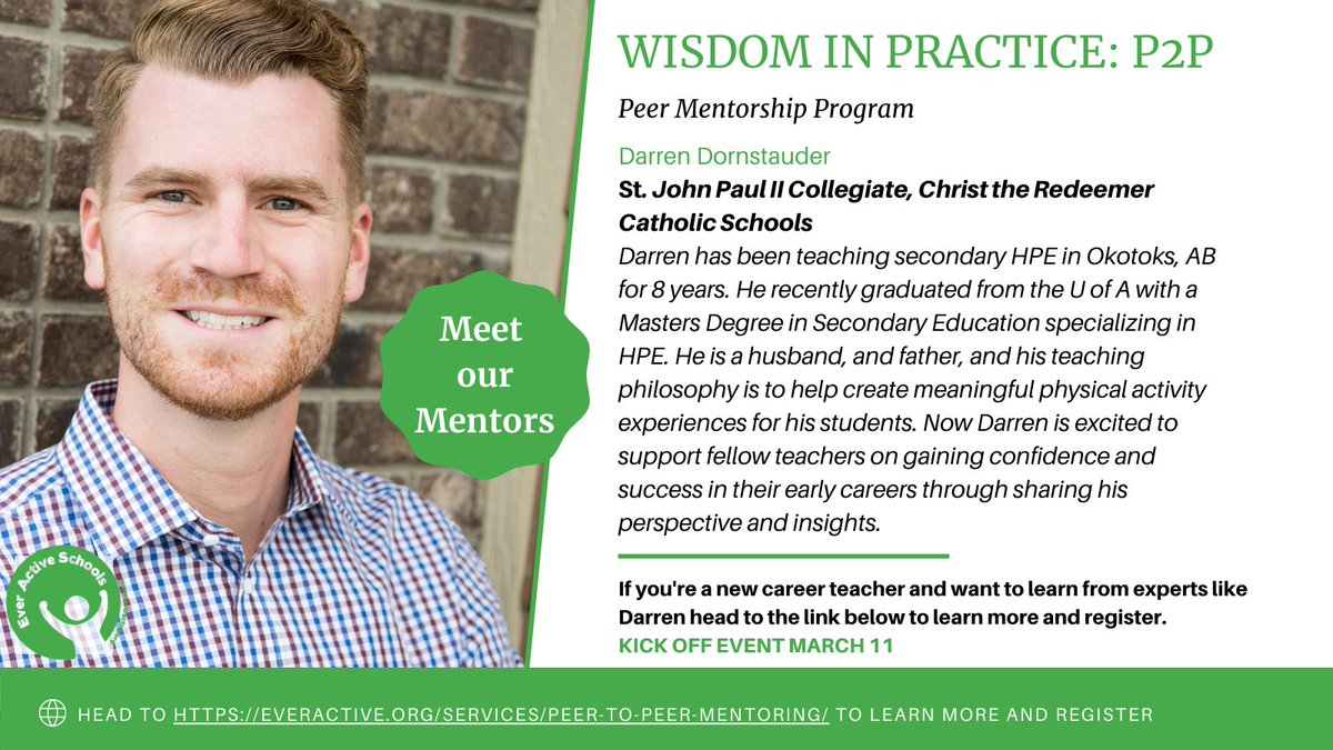Meet our Mentors!
@Dorno7 teaches HPE and recently received his MEd. He's passionate about creating meaningful PA experiences for his students.
Register with our P2P #Mentorship program to learn from experts like Darren: bit.ly/P2PMentor
Kick-off event is Mar 11
#abed