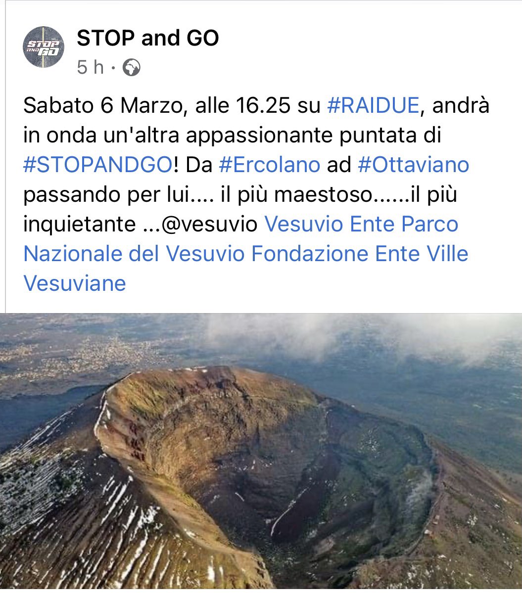Sabato 6 marzo alle 16.25 su Rai2 la nuova puntata di Stop end Go con i due bravissimi conduttori Laura Lena Forgia e Marco Mazzocchi. Il Parco Nazionale del Vesuvio con le sue bellezze e le sue unicità, farà da cornice al racconto della puntata. non perdetela!
#noisiamoilvesuvio