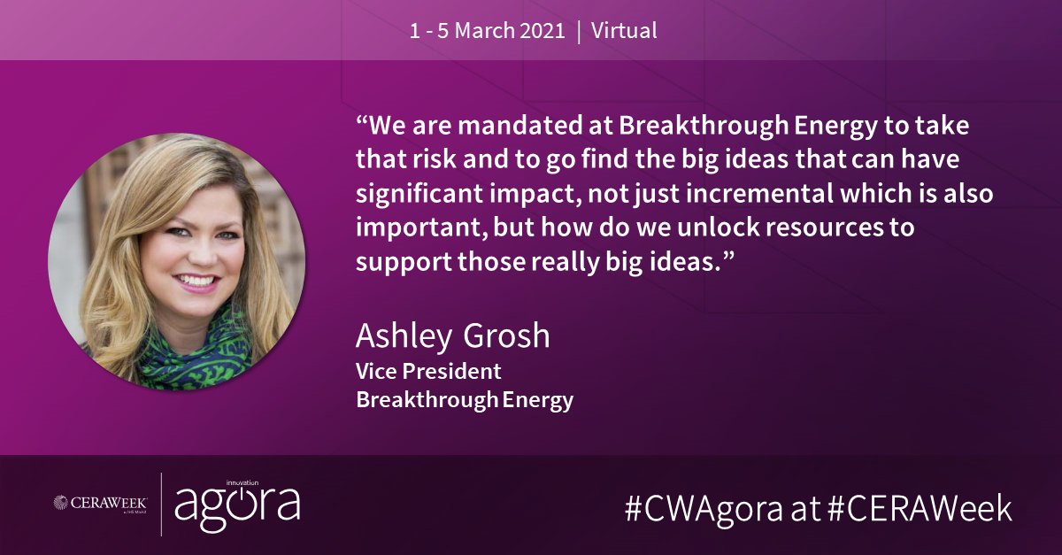 CERAWeek's tweet photo. #ICYMI earlier today in the #CWAgora at #CERAWeek: @AshGrosh on the role of @Breakthrough in the ecosystem: “One thing that gets me really excited too is maybe there’s things that haven’t even been invented yet that can have a significant impact.” https://t.co/RidGXjdkxW