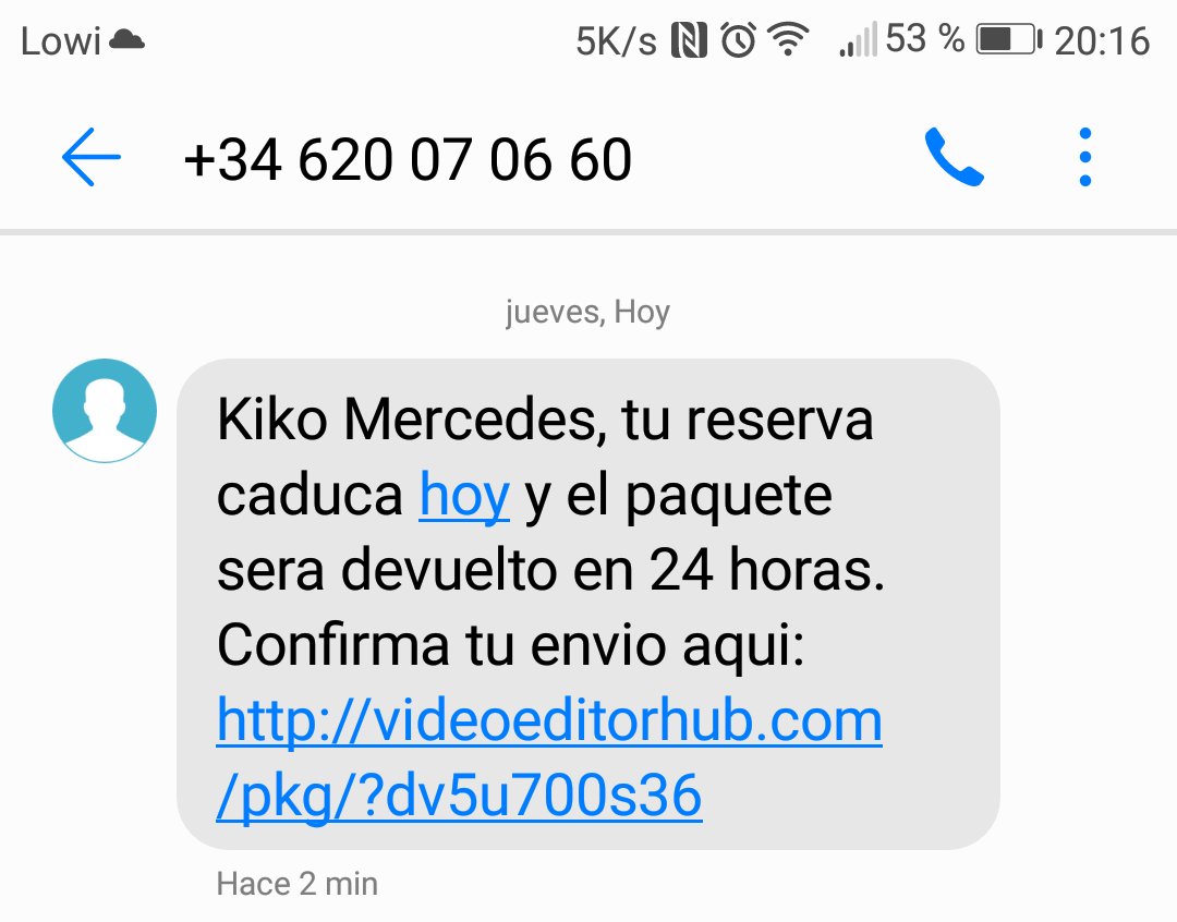 kikosmg's tweet photo. @Caruchy @INCIBE @policia @GDTGuardiaCivil Aquí otro número con otro mensaje de estafa... no se si le podréis localizar / bloquear o simplemente son números zombis https://t.co/57VJpO1bvD