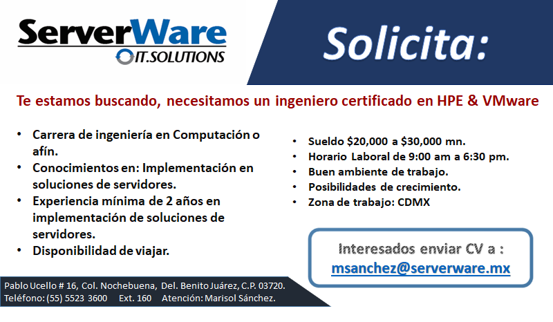ServerWareMX's tweet photo. Buscamos talento como el tuyo, trabaja en un lugar donde puedes desarrollarte aún más y tomar mayor experiencia; intégrate al equipos de trabajo. #ServerWare #buscotrabajo
#trabajo Envia tu CV a marketing@serverware.com.mx https://t.co/fDBMfjD9Wl