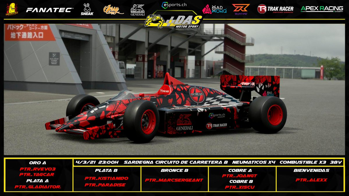 🏁#DasSeries🏁

🚦Sardegna B

🏎️ F1500

🕙 23:00h.

📸<a href="/iVazzx/">Vazz</a> 

#WeAreThePower

Patrocina
@GeneraliSchweiz
<a href="/trak_racer/">Trak Racer</a>
<a href="/fanatec/">FANATEC</a>
<a href="/SneakEnergy/">SNEAK</a>
@Runtime_Global
<a href="/madmonq/">MADMONQ®</a>
<a href="/eSportsCH/">eSports.ch</a>