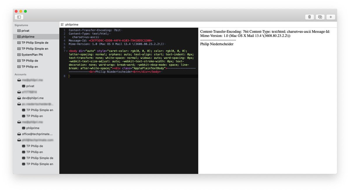 philprimes's tweet image. After being fed up by Apple Mail not having UX-friendly support for HTML signatures, I took care of it myself 💪🏼 Let me introduce you to Autograph📝, a work-in-progress macOS app I built in the last two days, that allows you to manage and edit your HTML signatures👨‍💻💻