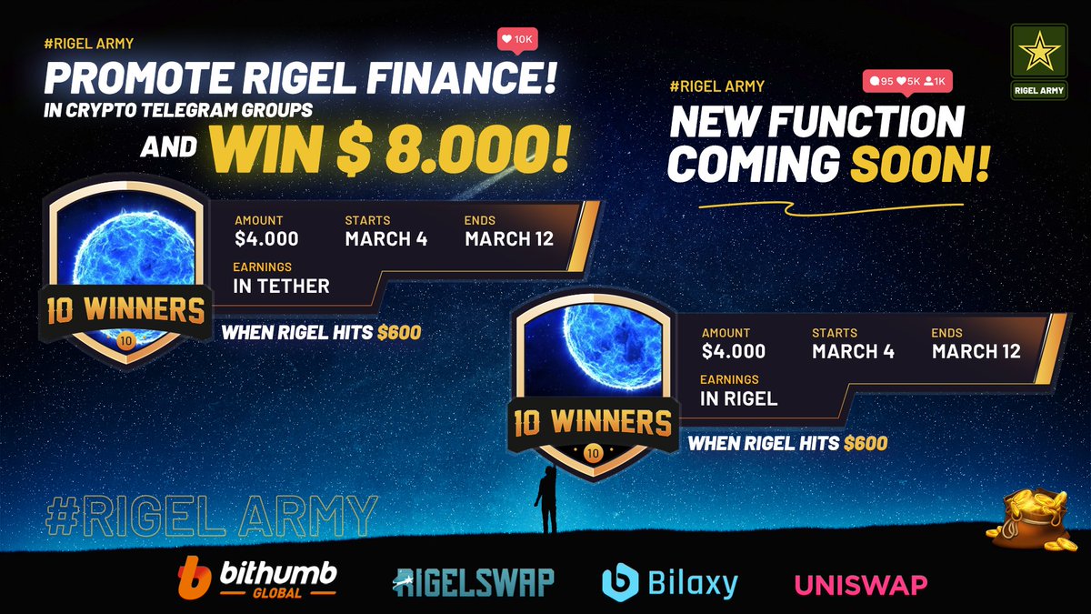 RIGEL ARMY is here! 🥇⭐️
WIN $8.000! 🎉

Promote $Rigel in crypto Telegram groups!

Conditions:
1- Like, RT &amp; follow <a href="/RigelFinance/">Rigel Finance</a>
2- Write about Rigel Finance in any crypto Telegram group, take a print screen and post it as a comment in this post

Rules: bit.ly/2MPv3Ba