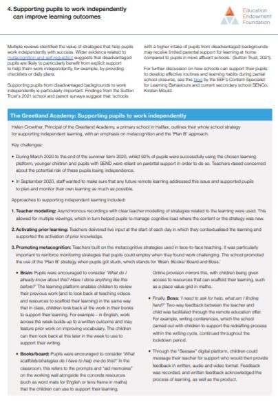Exemplifying the findings from the EEF's remote learning rapid evidence assessment

NEW EEF resource captures the broad range of evidence-informed approaches that have been deployed by schools in response to the Covid-19 pandemic. 

>>bit.ly/3qfYSsi