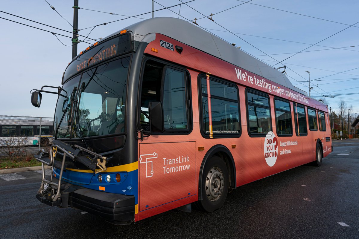 TransLinkNews's tweet photo. Phase one of our copper pilot ran for five weeks on two trolleybuses and two SkyTrain cars. More than 1,100 samples were collected and analyzed by the talented teams at @VCHhealthcare, @VGHFdn, UBC, and Westech Cleaning Audit Systems. https://t.co/30FPKOjCWj
