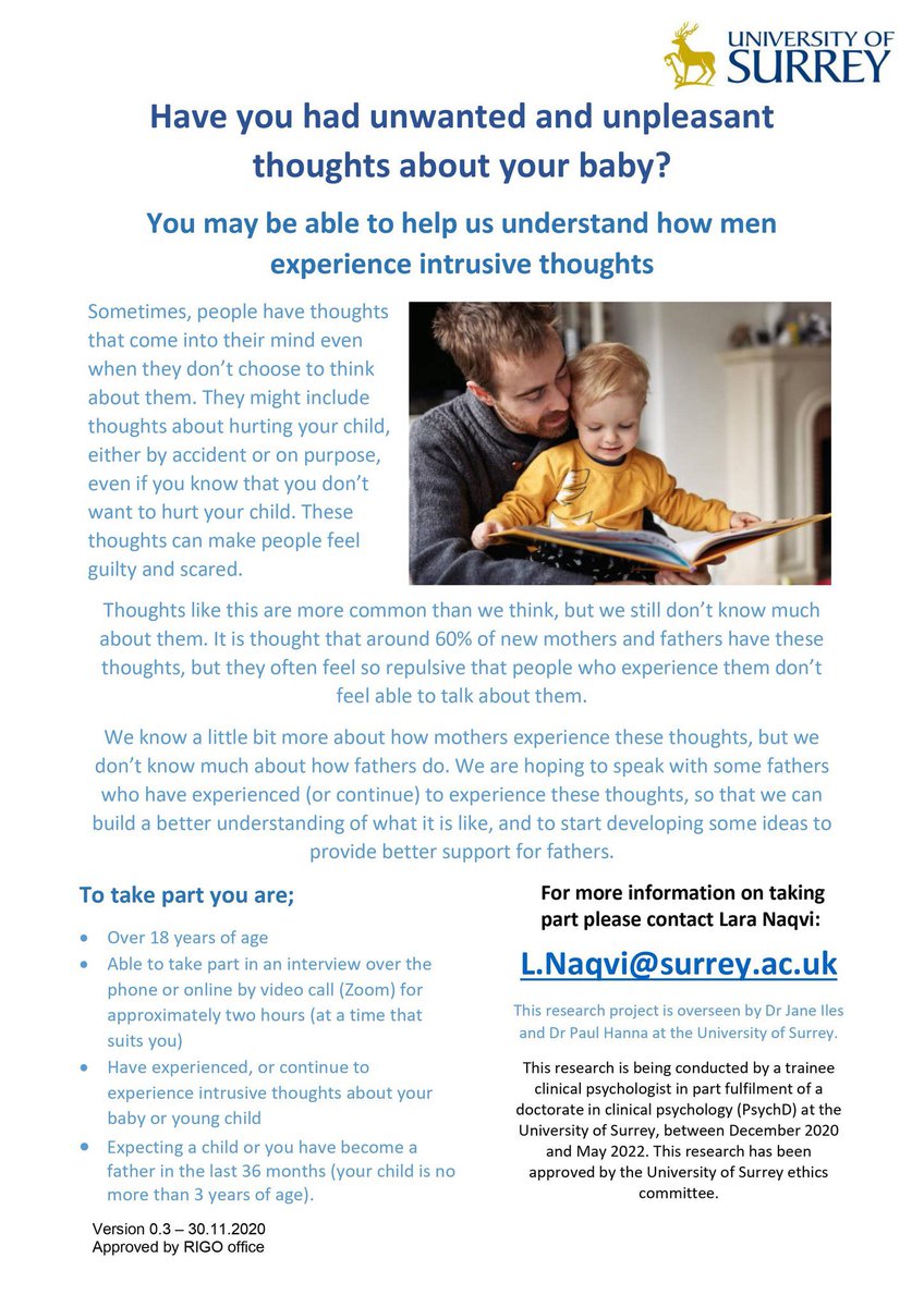 It can be tough speaking about intrusive thoughts, especially when they might feel painful and shameful. This research opportunity opens up a space for fathers to share their experiences 👇 #MentalHealthMatters #fathers #intrusivethoughts <a href="/MentalPmha/">Paternal Mental Health Alliance (PMHA)</a> <a href="/PerinatalOCD/">PerinatalOCD</a>