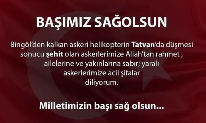 guneylimeltem's tweet photo. #Bitlis'te düşen askeri helikopterde şehit olan 10 kahraman Mehmetçiğimize ALLAH'tan rahmet, yaralı 4 kahramanımıza acil şifalar diliyorum. 
Şehitlerimizin kederli ailelerinin,ve 
Milletimizin başı sağ olsun! https://t.co/6tqO0Js1yK