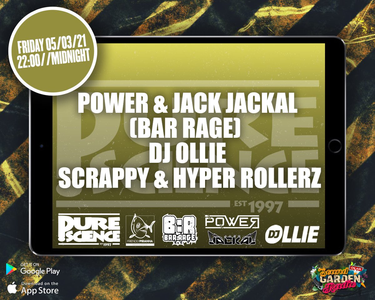 Tomorrow night on Sound Garden Radio catch the Pure Science D&amp;B show with <a href="/DJOlliednb/">DJ Ollie</a> <a href="/Powerr_DJ/">POWER</a> &amp; Jack Jackal <a href="/SloffeeMC/">Sloffee HyperRollerz</a> &amp; Element 🍻📻👊🏻