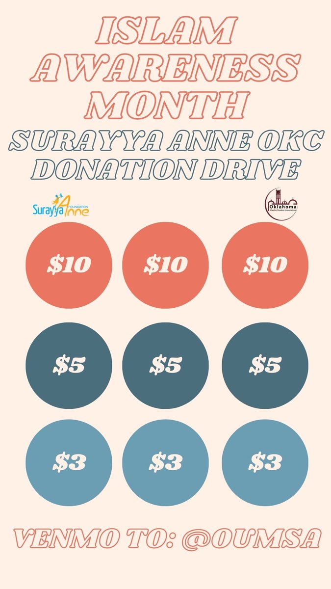 MuslimsOfOU's tweet image. Join us in our first fundraiser of IAM! We will be raising funds for @SurayyaAnneOKC a nonprofit that provides resources and programs to women and children in our community. To raise as much as we can, we need your help, so please share and repost our graphics! Venmo @oumsa !!