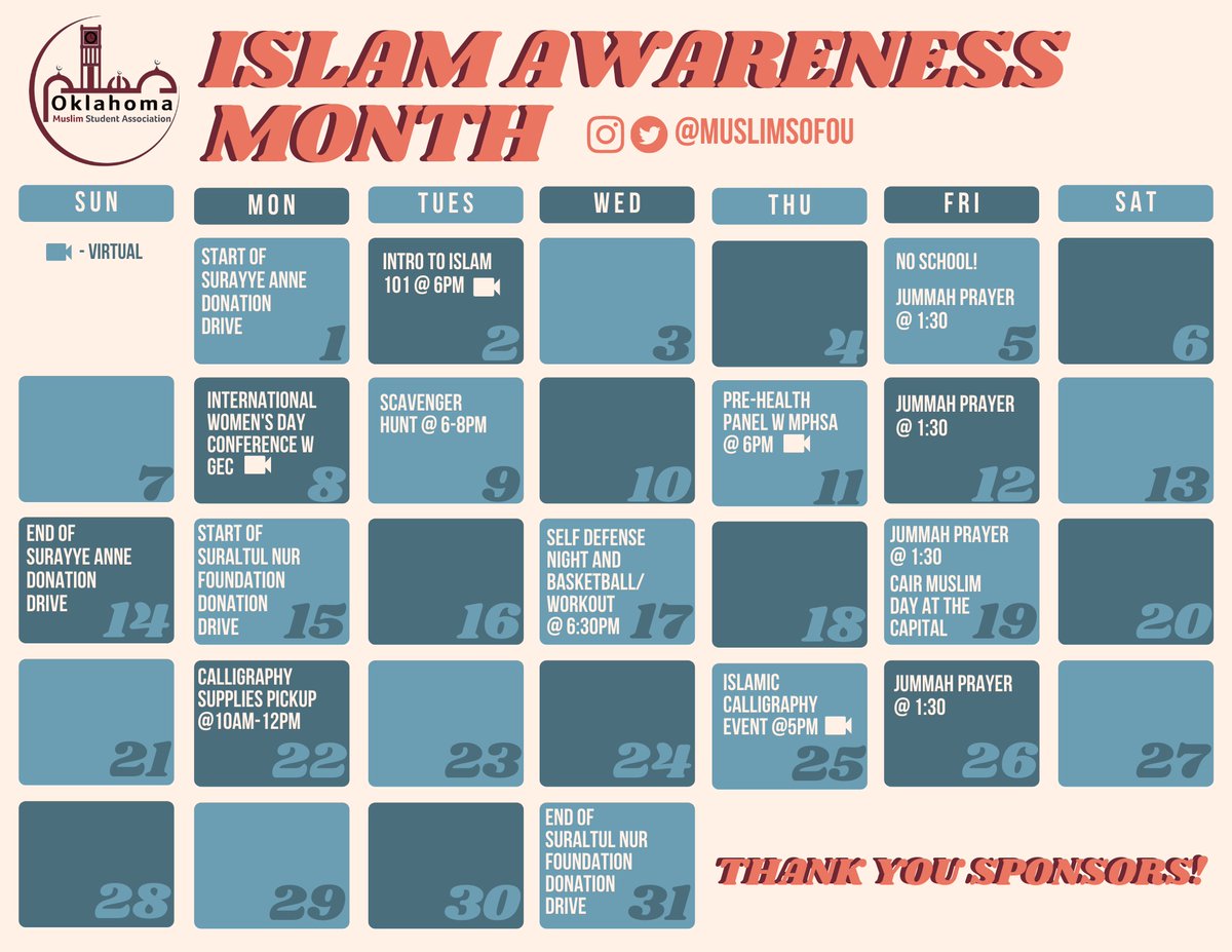 MuslimsOfOU's tweet image. Islam Awareness Month is here! 🥳🗣✨We have a whole month full of amazing virtual and in person events planned. Keep an eye out because we have a couple surprises up our sleeve for IAM👀Check out the calendar for everything happening and spread the word! All are welcome!!